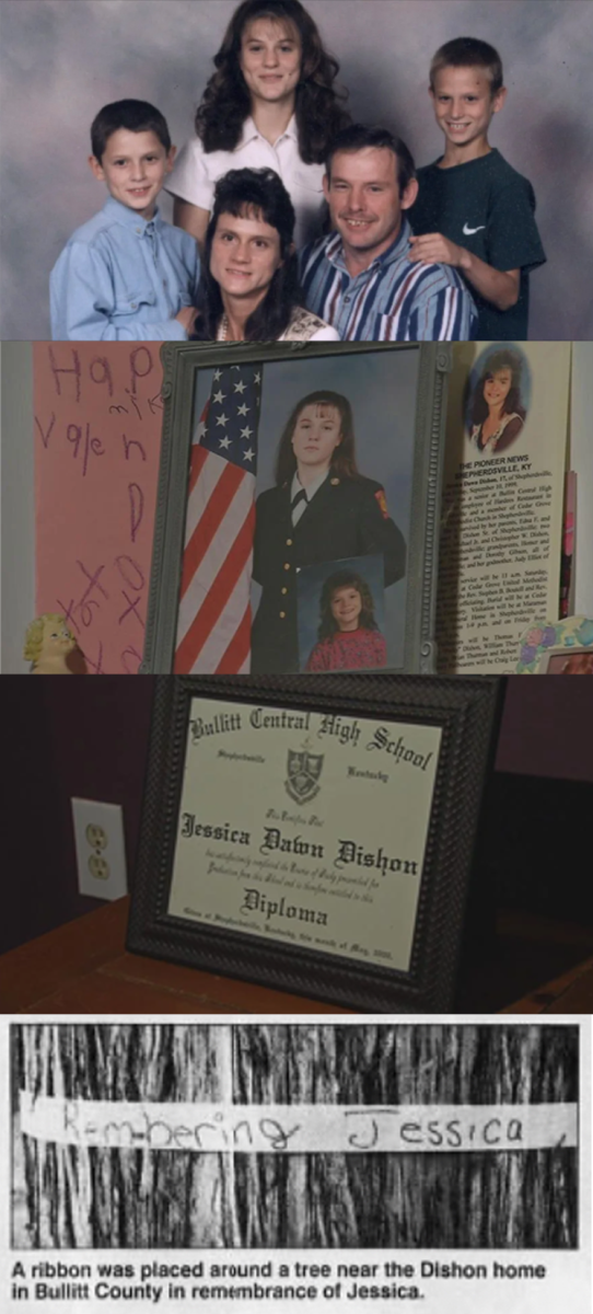 (Top) Clipped from a WDRB News article, family portrait of the Dishon family.
(2nd down) Clipped from a WDRB News article, memorial for Jessica.
(3rd down) Clipped from a WDRB News article, Jessica's diploma from BCHS.
(Bottom) Clipped from a Courier-Journal article from Wed, Sept. 29, 1999. 