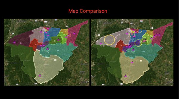 Current Bullitt County school boundaries, left, and projected boundaries under rezoning, right.