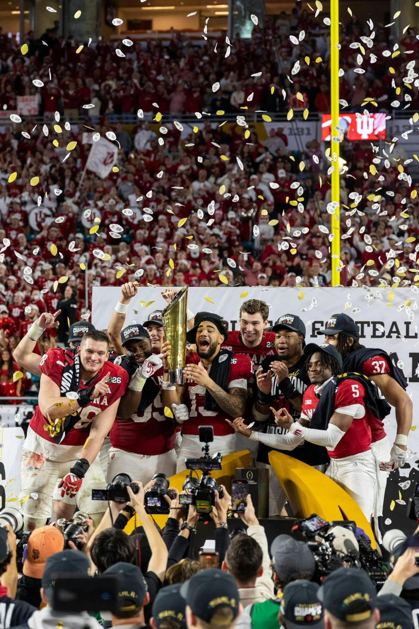 Indiana football players hoist the trophy as they celebrate their historic national championship win against the Miami Hurricanes on Jan. 19 at Hard Rock Stadium in Miami Gardens, Florida. It was the first national championship win in the program's history. “It’s a great story, a tremendous story,” head coach Curt Cignetti said in a postgame interview. “Most people would tell you that they are in the know, it’s probably one of the greatest stories of all time.”