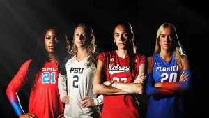 From left to right, SMU middle blocker Favor Anyanwu, Penn State middle blocker Maggie Mendelson, Nebraska outside hitter Harper Murray, and Florida setter Taylor Parks pose for a promotion of the “Spikes Under the Lights” event, which will be held on Thursday, August 27 at AT&T Stadium in Dallas, Texas. All four participating teams made it to the NCAA tournament last season. "We are excited and honored to be part of this historic event that showcases the continued growth of women's volleyball," Nebraska head coach Dani Busboom Kelly said in a press release announcing the match. "This will be a great opportunity to face some talented teams in an iconic setting as we ramp up to the start of the season. It should be an awesome night and hopefully a lot of Husker fans will be able to experience it with us in Dallas." 