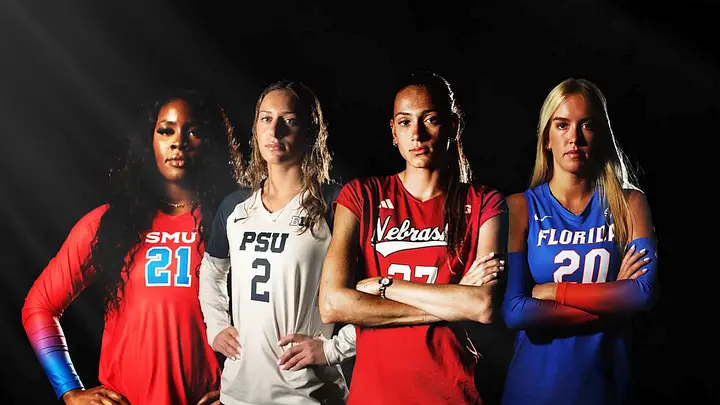 From left to right, SMU middle blocker Favor Anyanwu, Penn State middle blocker Maggie Mendelson, Nebraska outside hitter Harper Murray, and Florida setter Taylor Parks pose for a promotion of the “Spikes Under the Lights” event, which will be held on Thursday, August 27 at AT&T Stadium in Dallas, Texas. All four participating teams made it to the NCAA tournament last season. "We are excited and honored to be part of this historic event that showcases the continued growth of women's volleyball," Nebraska head coach Dani Busboom Kelly said in a press release announcing the match. "This will be a great opportunity to face some talented teams in an iconic setting as we ramp up to the start of the season. It should be an awesome night and hopefully a lot of Husker fans will be able to experience it with us in Dallas." 