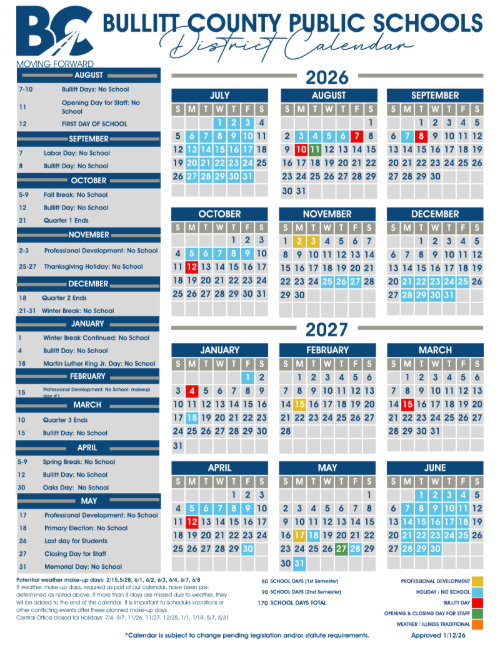 The 2026-2027 school calendar release reveals new school times and expected timeline. Approved on 1/12/2026, the Bullitt County Board of Education decided on what schedule is the most beneficial to both students and schools. 